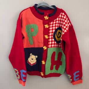 Winnie The Pooh Bear Vintage Disney Patchwork Knit Cardigan Sweater Kids L USA